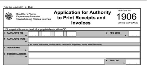 bir form 1906 (jan 2000 encs)|Authority to Print .